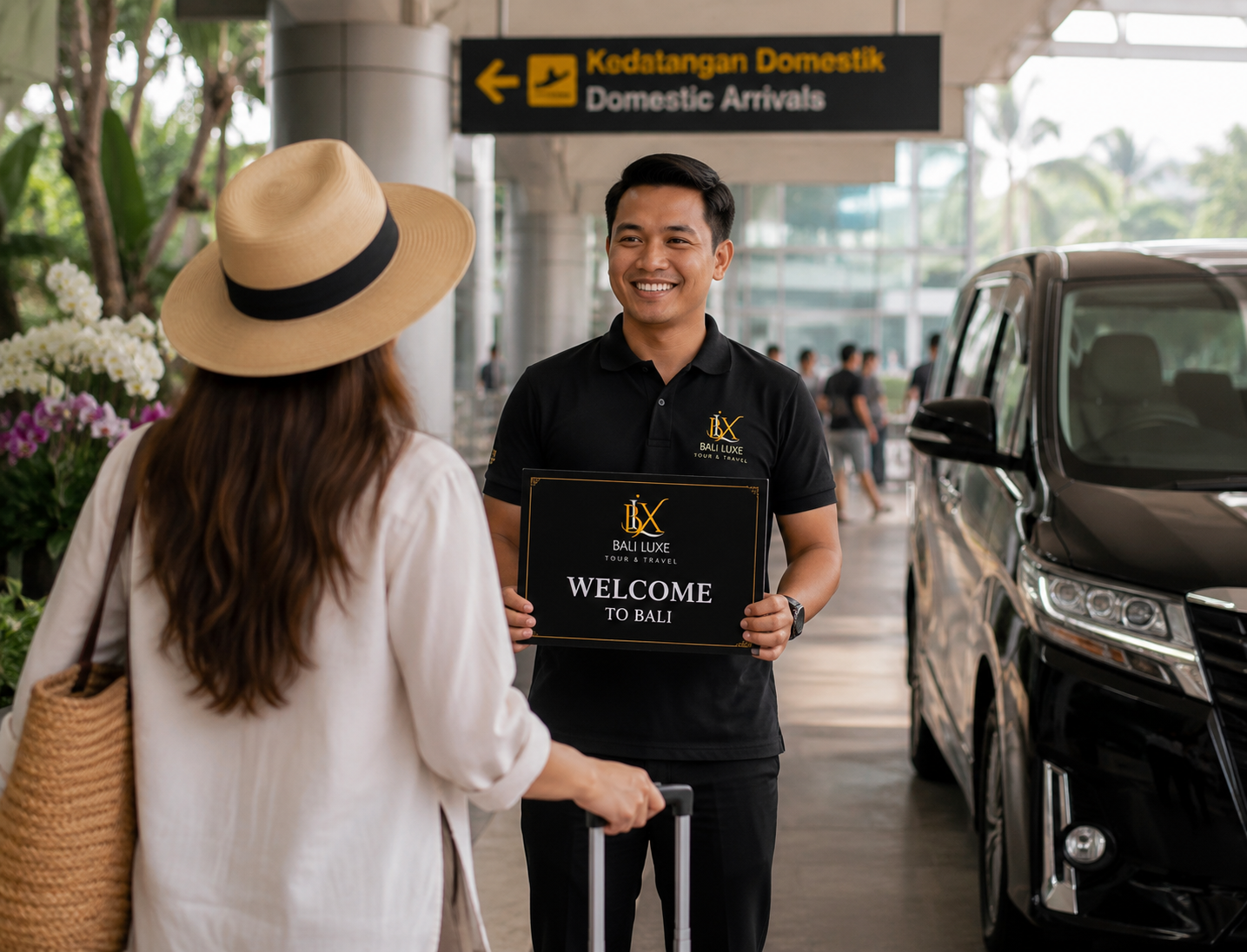 Bali Luxe chauffeur welcoming an Australian guest at Ngurah Rai airport with a personalised sign