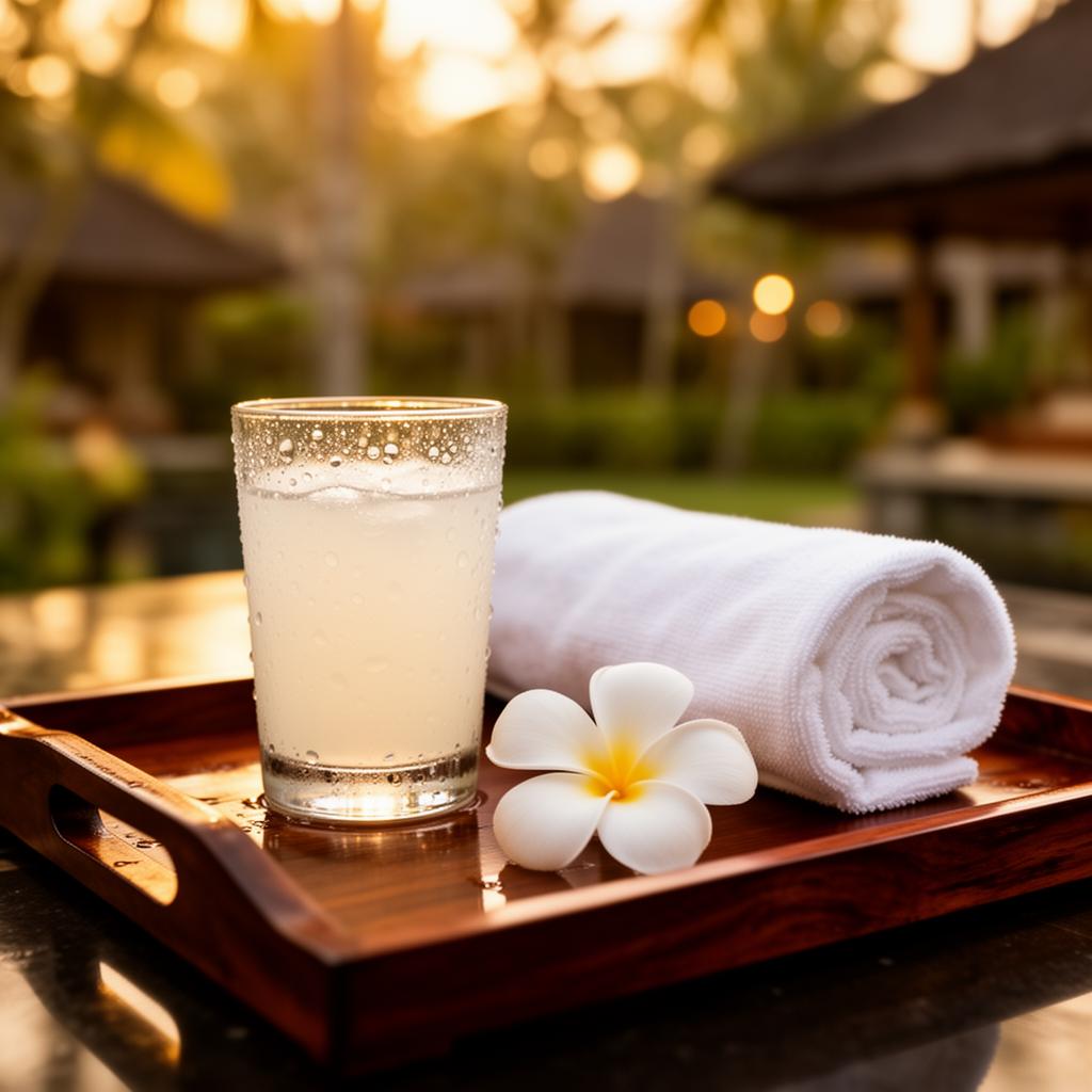 Welcome drink and cold towel on Balinese teakwood tray